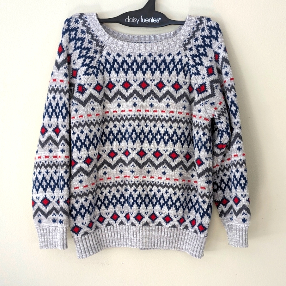 Boys Knit Sweater, Light Grey, Navy, & red, Size 5T